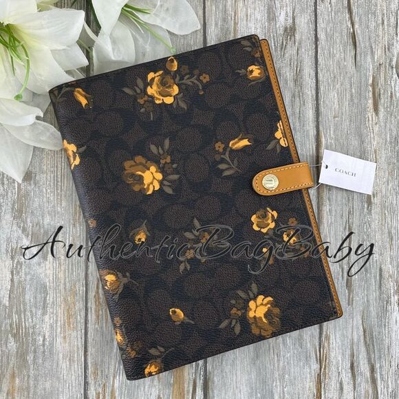 Authentic Coach Floral Print Notebook Leather Walnut Yellow Bag Purse - Picture 1 of 7